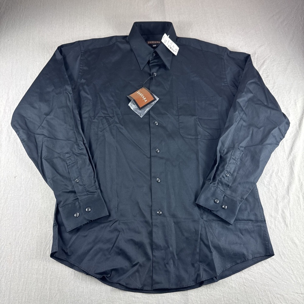 Zanzara Dress Shirt Mens 15.5 Black Long Sleeve Button Up Preppy Cotton Top NEW